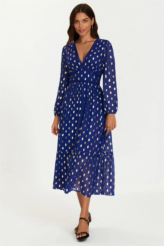 Lace Trim Foil Long Sleeve Maxi Dress In Royal Blue - AXON