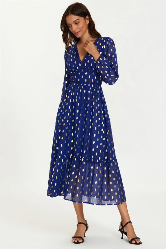 Lace Trim Foil Long Sleeve Maxi Dress In Royal Blue - AXON