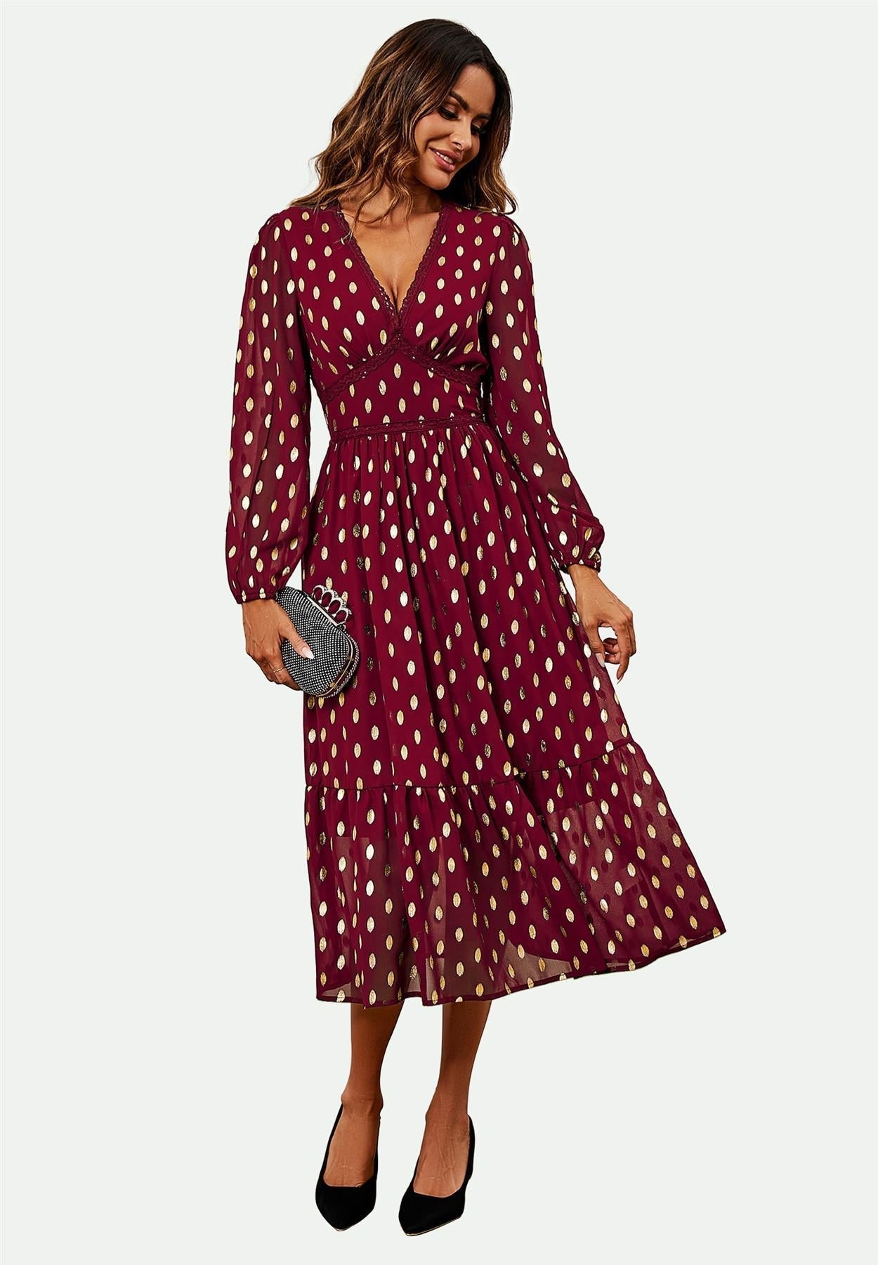 Lace Trim Foil Long Sleeve Maxi Dress In Wine - AXON