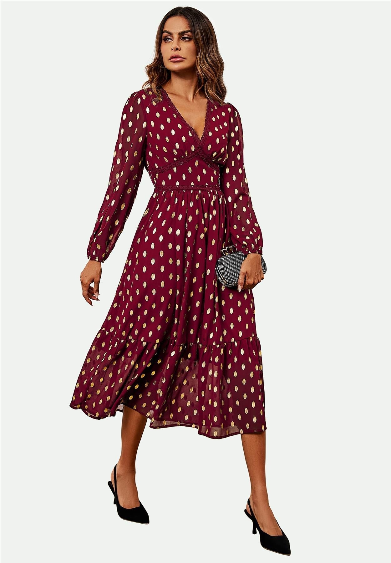 Lace Trim Foil Long Sleeve Maxi Dress In Wine - AXON