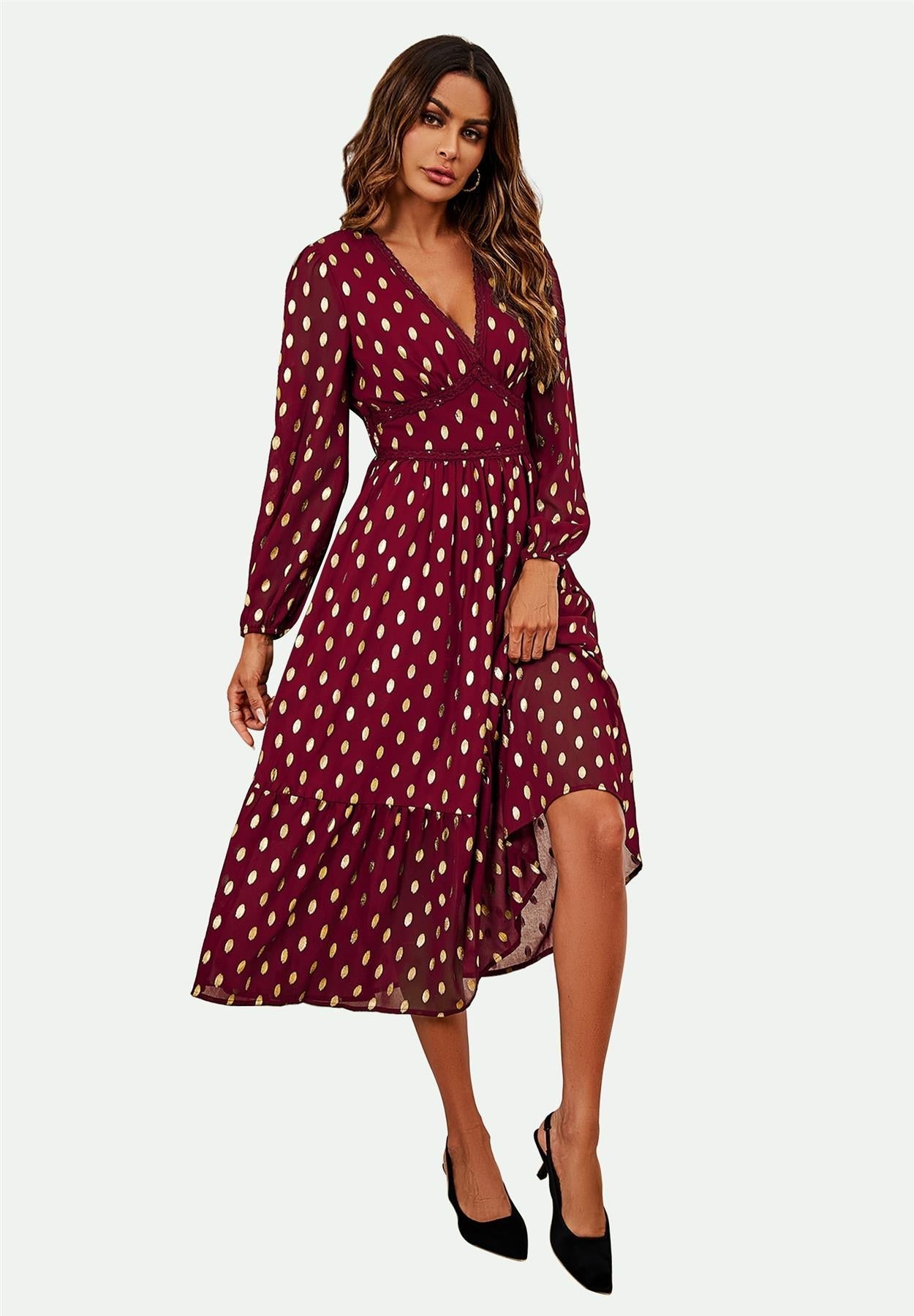 Lace Trim Foil Long Sleeve Maxi Dress In Wine - AXON