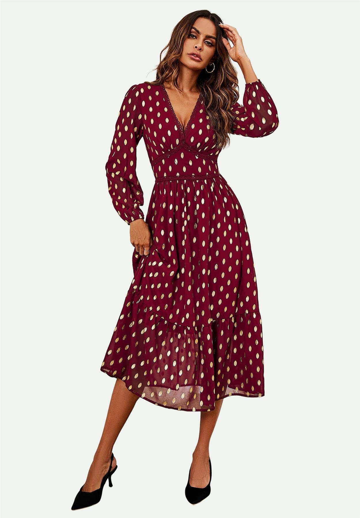 Lace Trim Foil Long Sleeve Maxi Dress In Wine - AXON