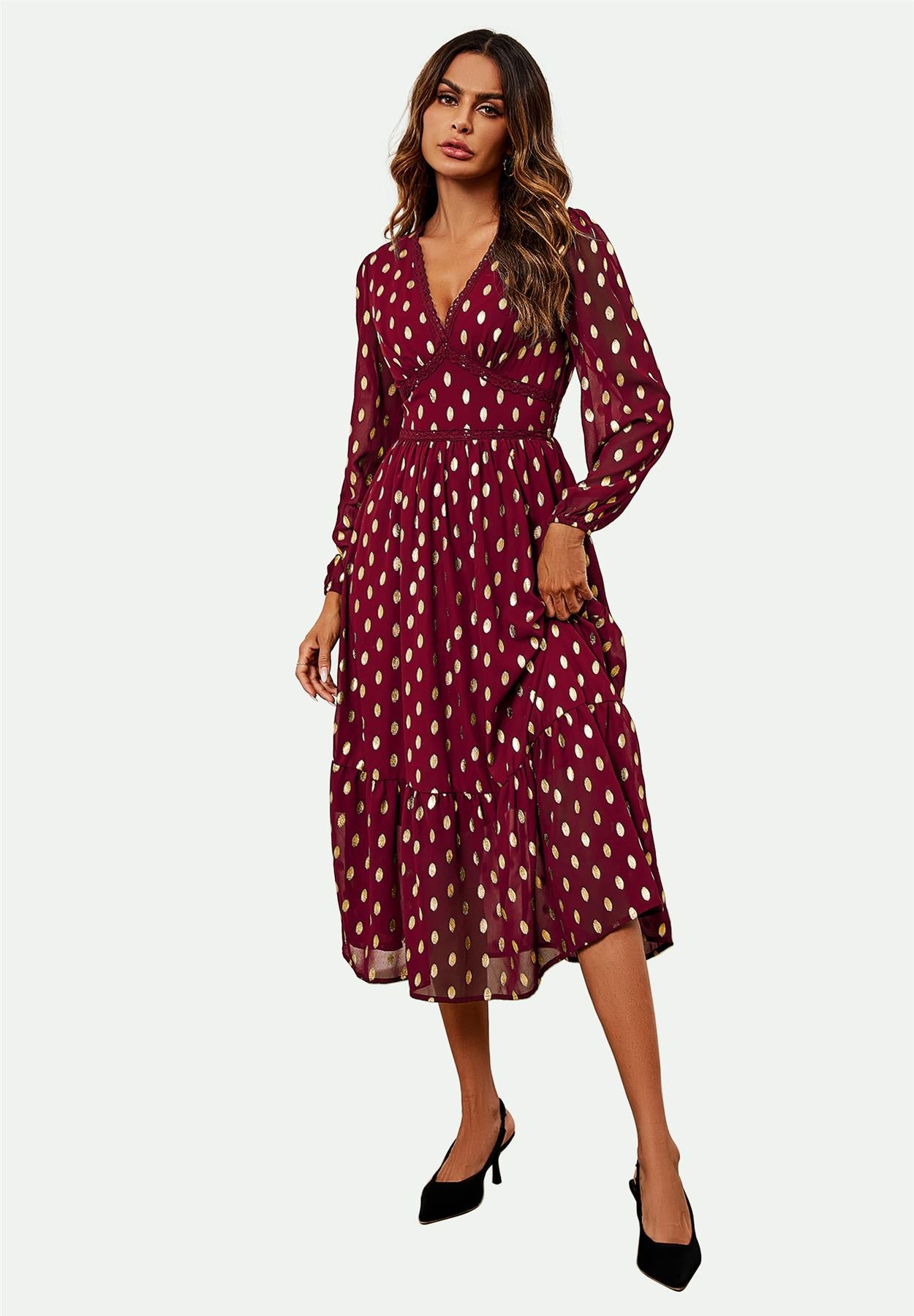 Lace Trim Foil Long Sleeve Maxi Dress In Wine - AXON