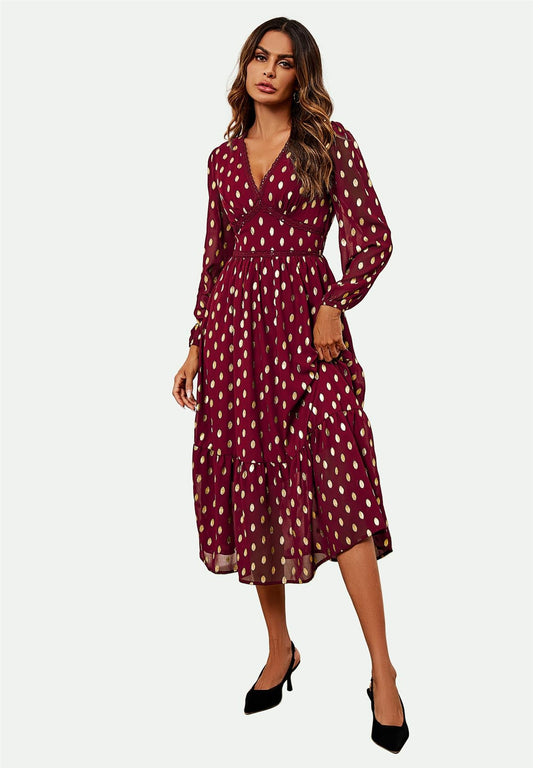 Lace Trim Foil Long Sleeve Maxi Dress In Wine - AXON