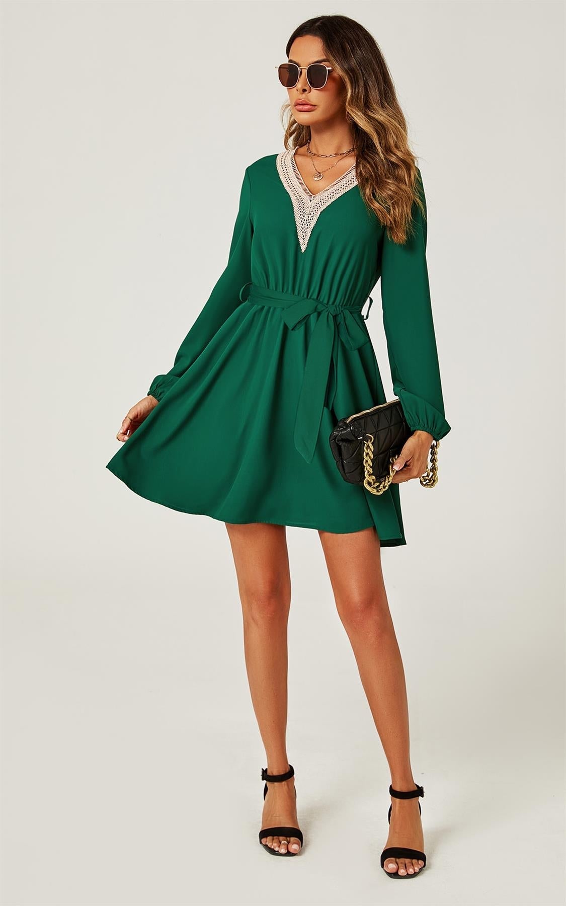 Lace Trim V Neck Mini Dress In Green - AXON