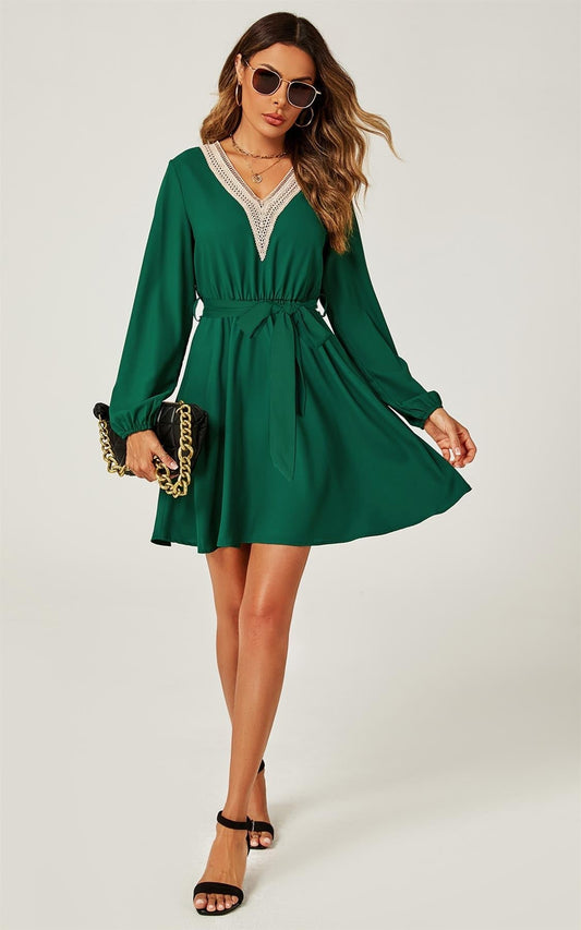 Lace Trim V Neck Mini Dress In Green - AXON