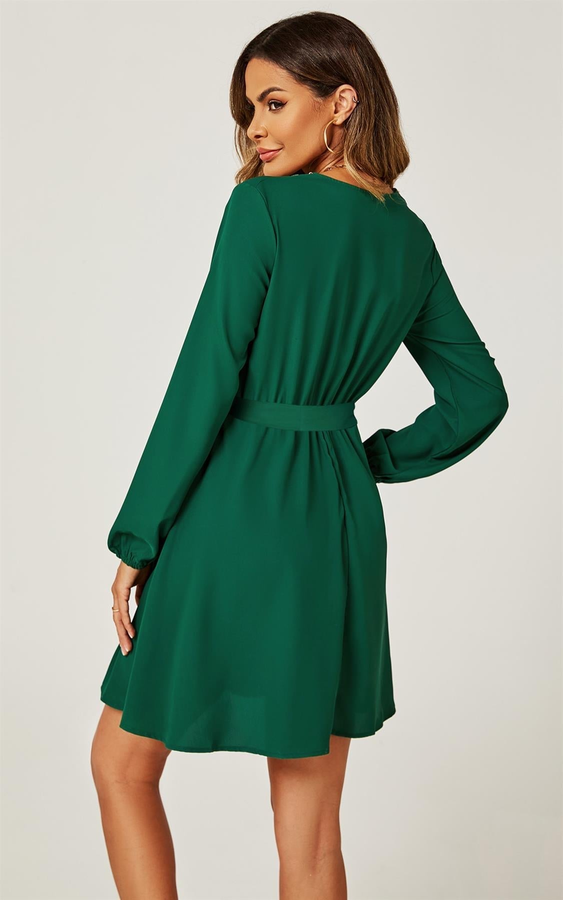 Lace Trim V Neck Mini Dress In Green - AXON