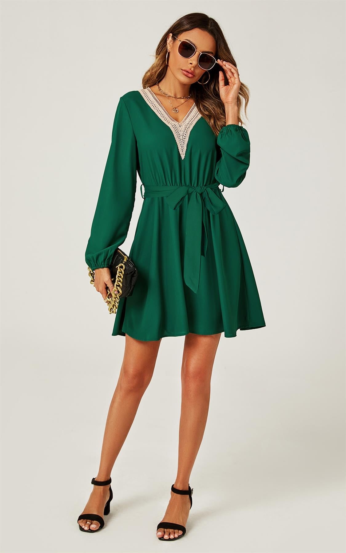 Lace Trim V Neck Mini Dress In Green - AXON