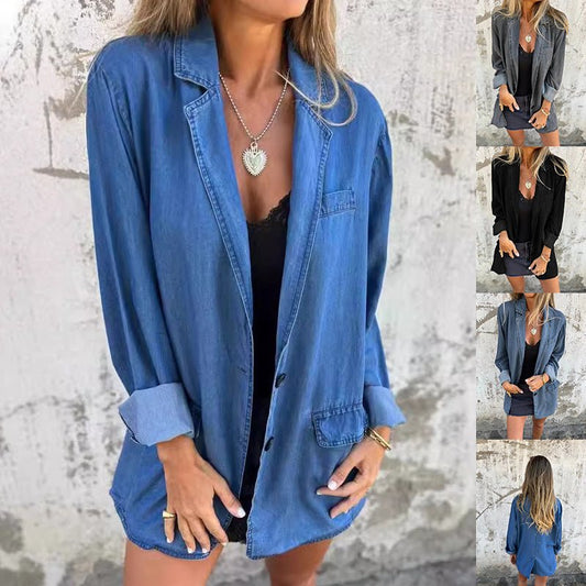 Lapel Shirt Jacket Ins Fashion Solid Color Long - sleeved Denim Top Autumn And Spring Casual Daily Streetwear Women's Clothing - AXON