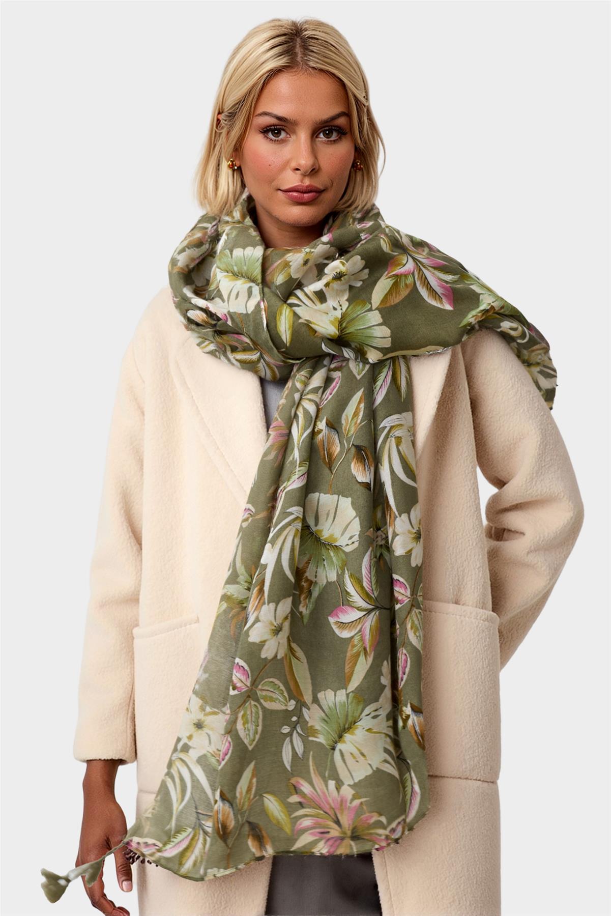 Leaf Floral Print Tassel Scarf In Olive Green - AXON