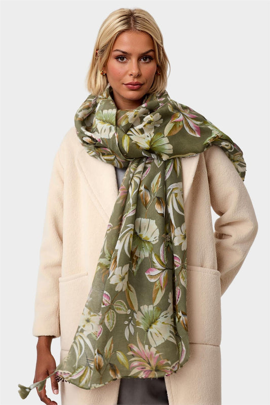 Leaf Floral Print Tassel Scarf In Olive Green - AXON