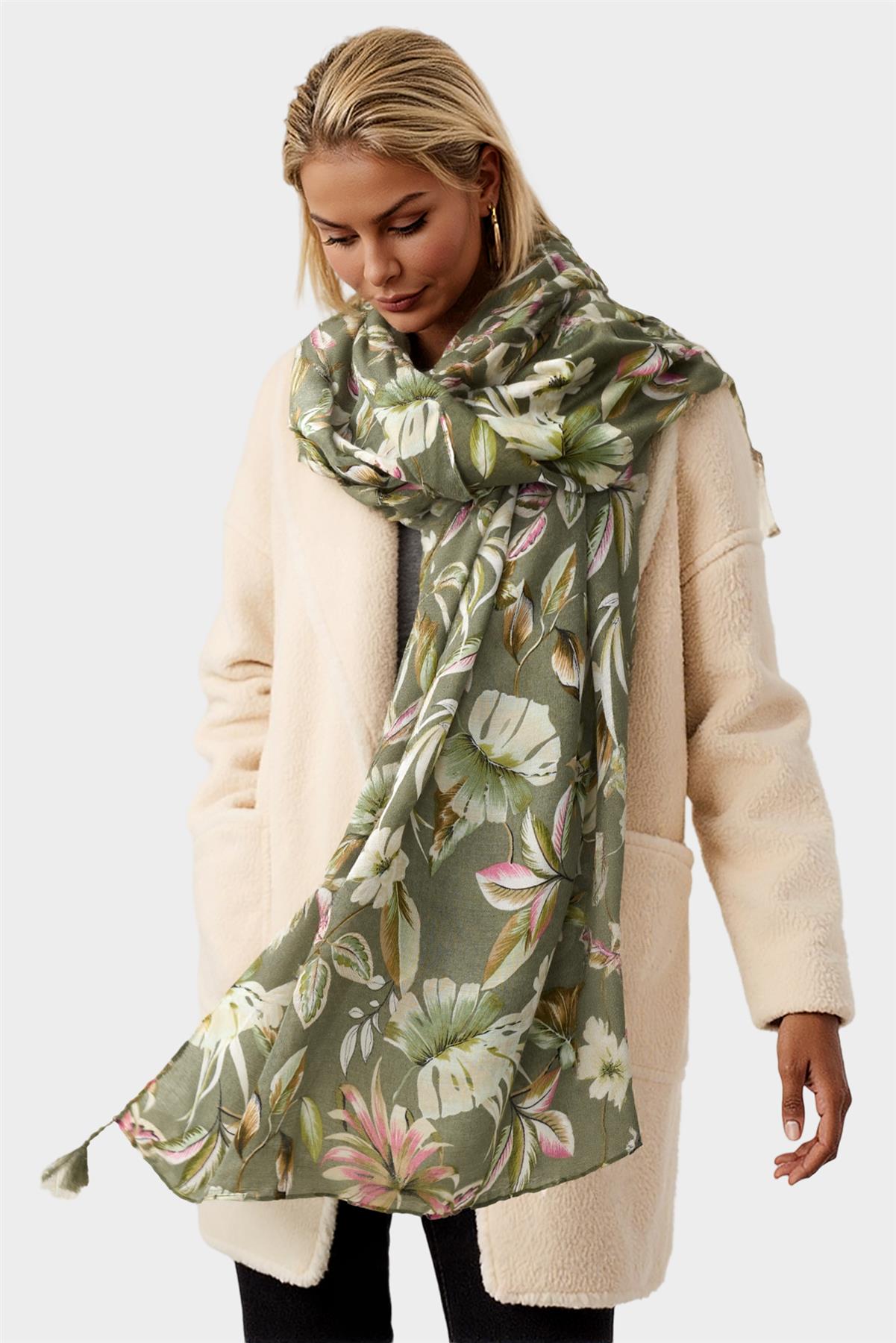 Leaf Floral Print Tassel Scarf In Olive Green - AXON
