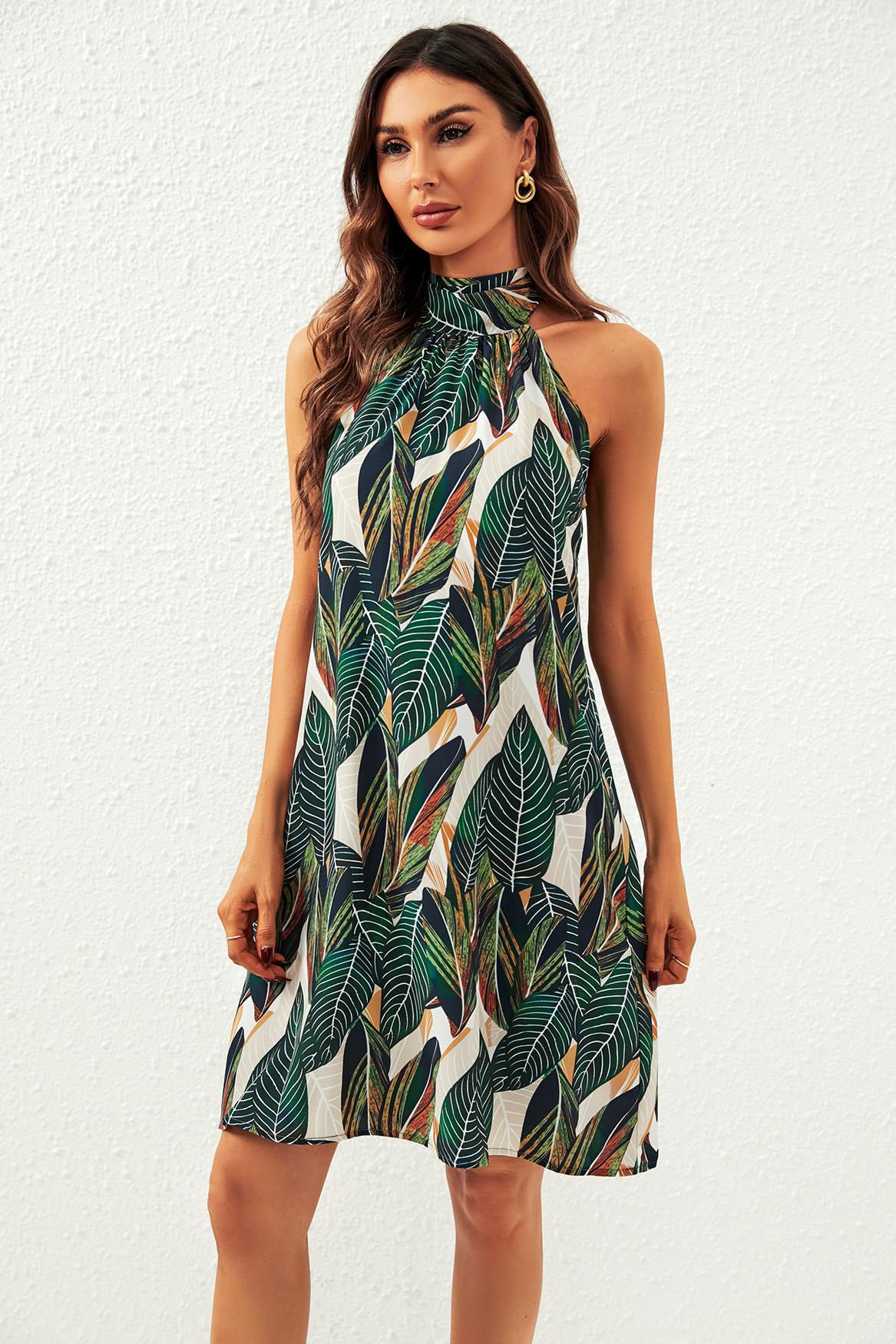 Leaf Print Halter Neck Tie Back Mini Dress In Green - AXON