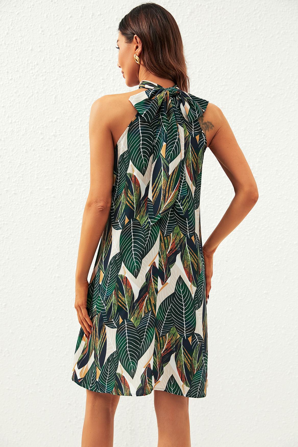 Leaf Print Halter Neck Tie Back Mini Dress In Green - AXON