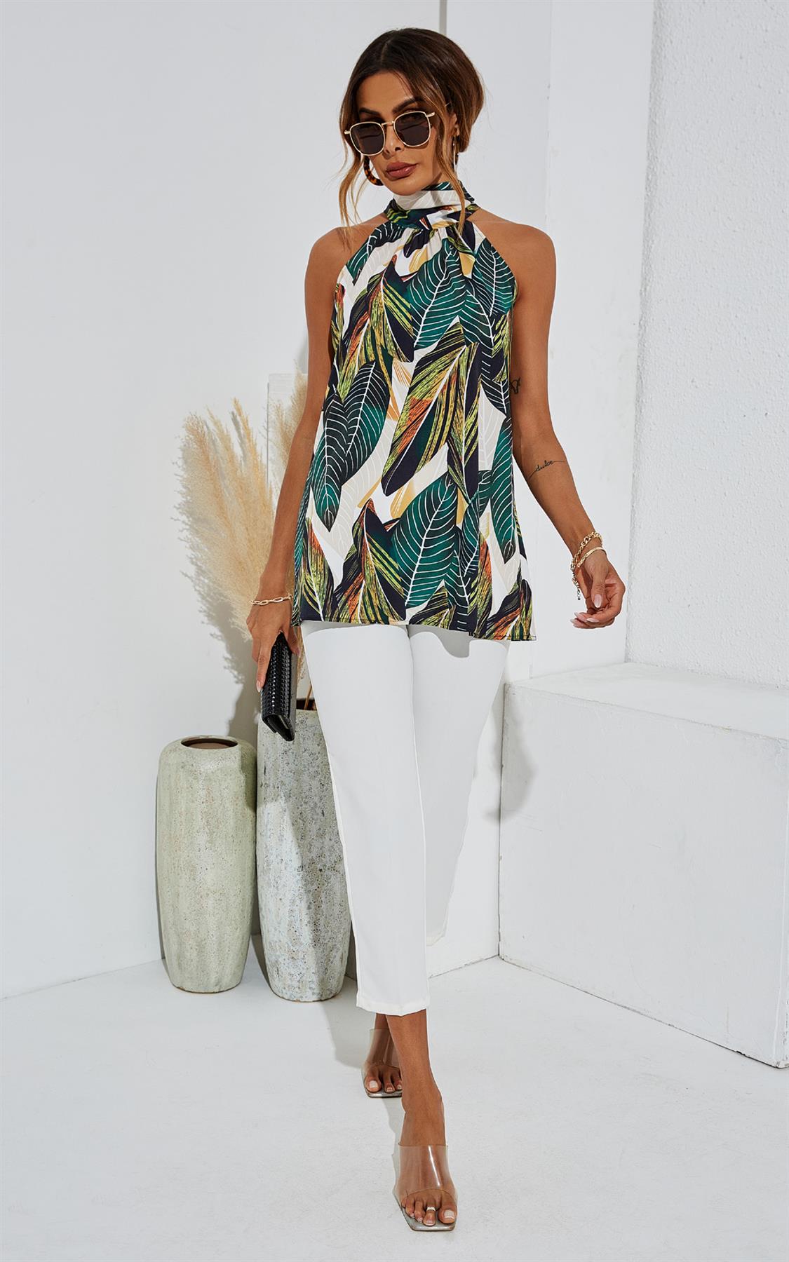 Leaf Print Halter Neck Tie Back Top In Green - AXON