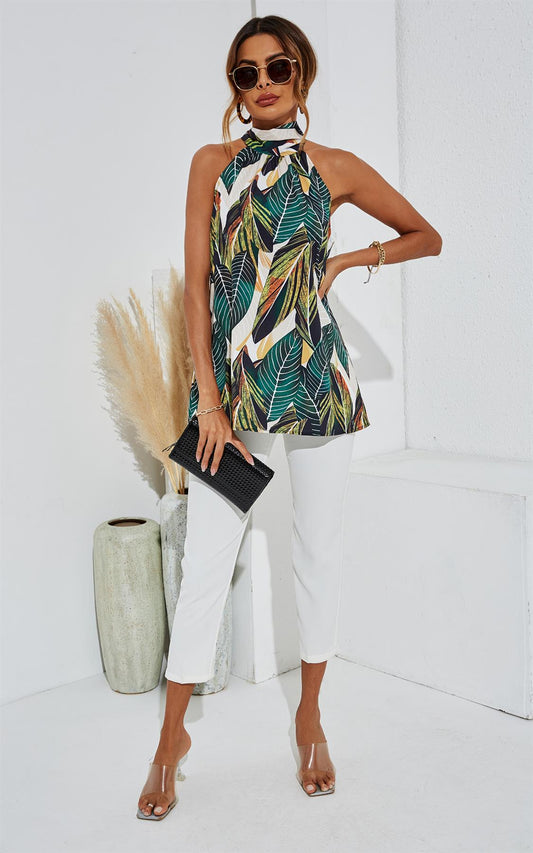 Leaf Print Halter Neck Tie Back Top In Green - AXON