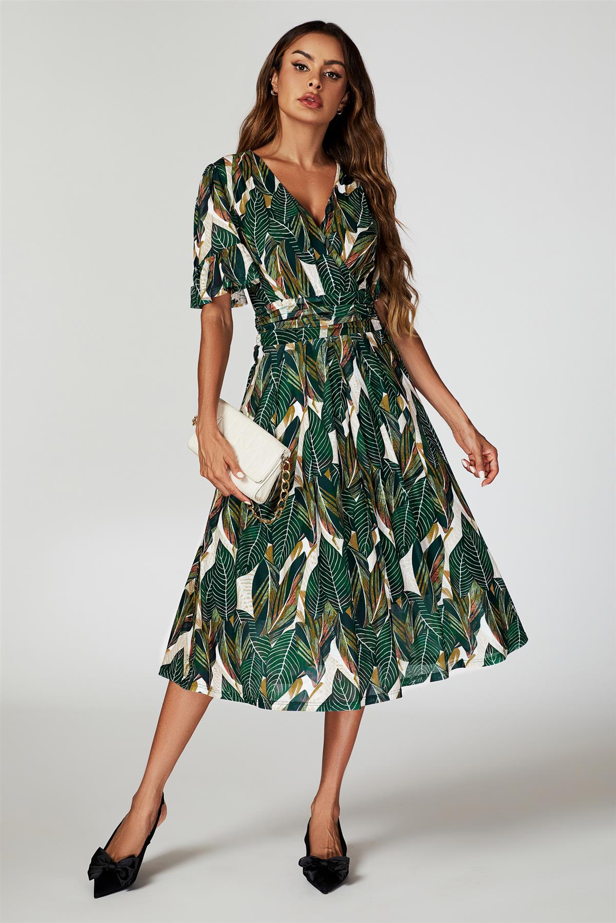 Leaf Print Mesh Midi Dress In Green - AXON