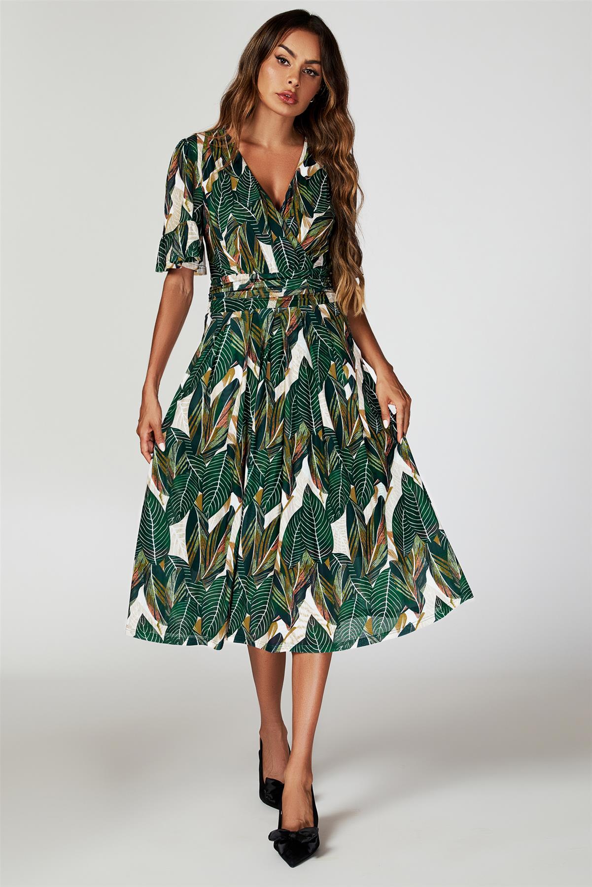 Leaf Print Mesh Midi Dress In Green - AXON