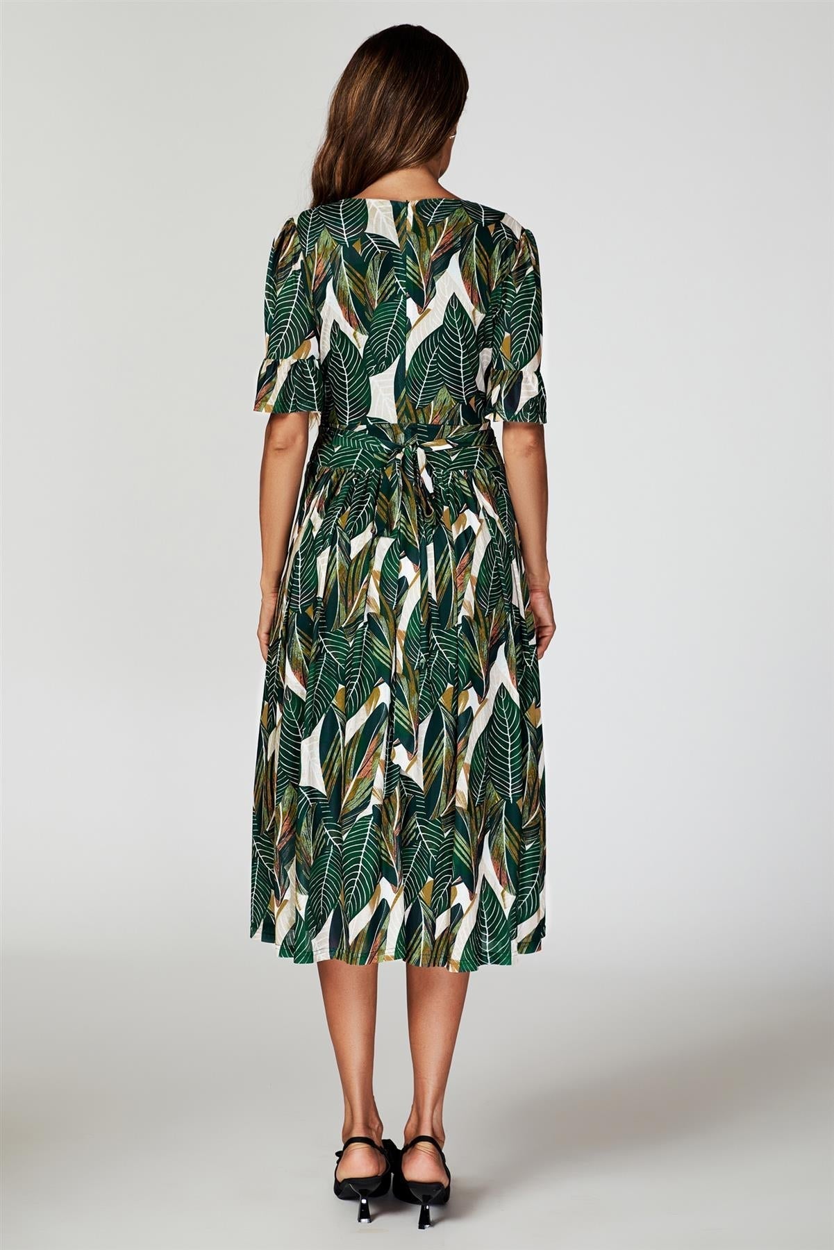 Leaf Print Mesh Midi Dress In Green - AXON