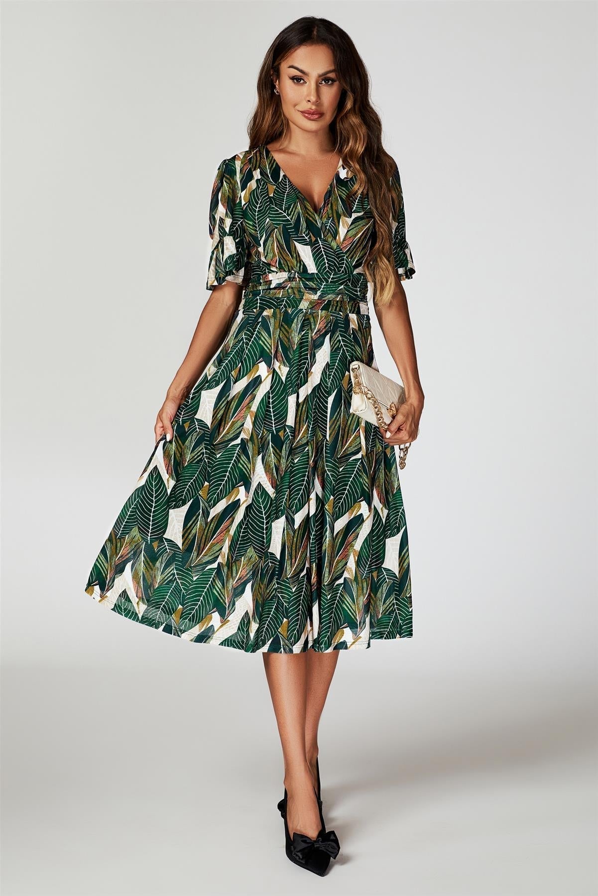 Leaf Print Mesh Midi Dress In Green - AXON