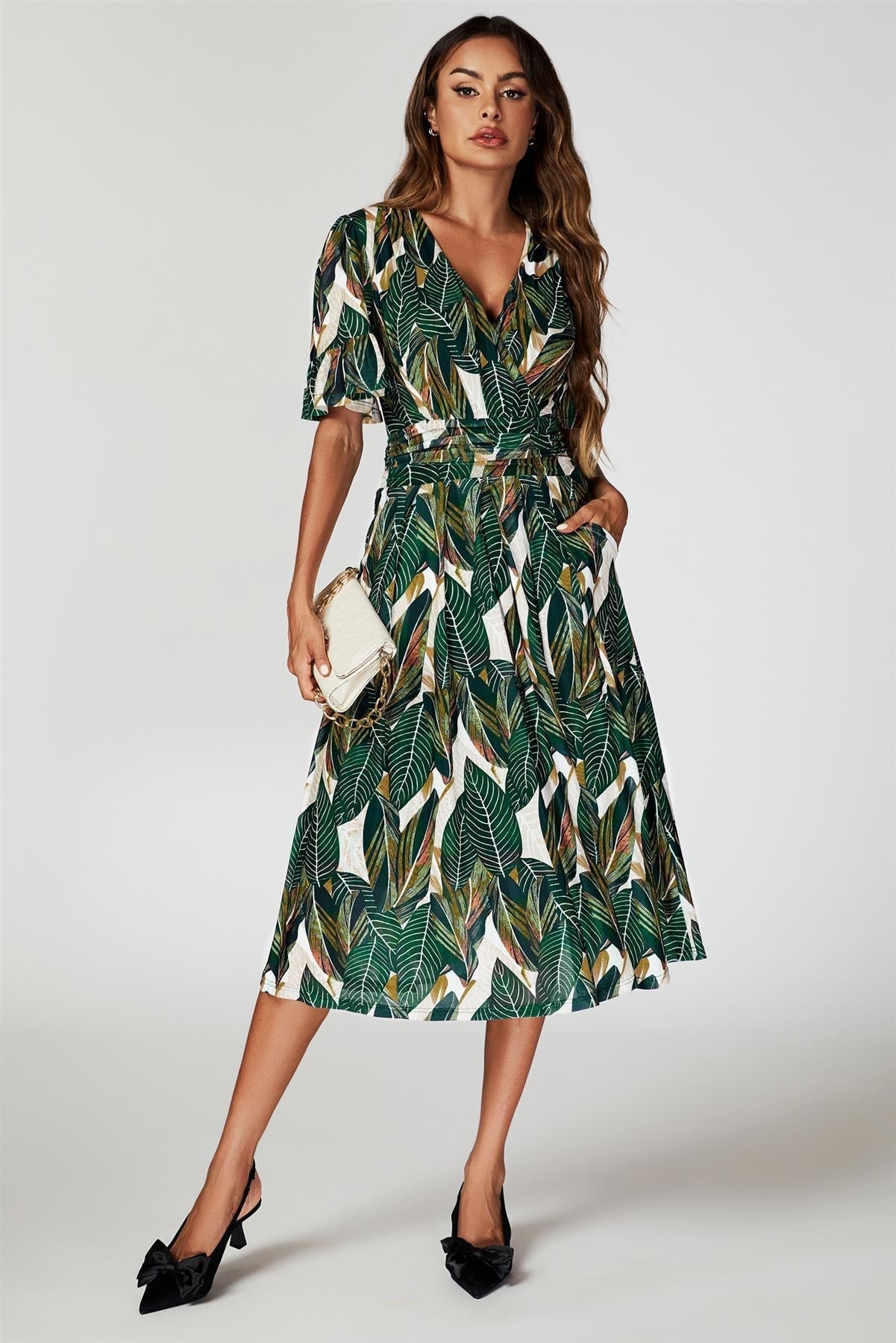 Leaf Print Mesh Midi Dress In Green - AXON