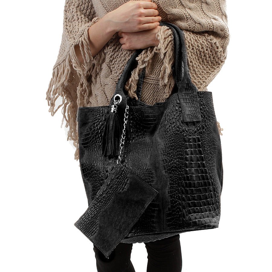 Leder Beutel Tasche Krokooptik Schwarz - AXON