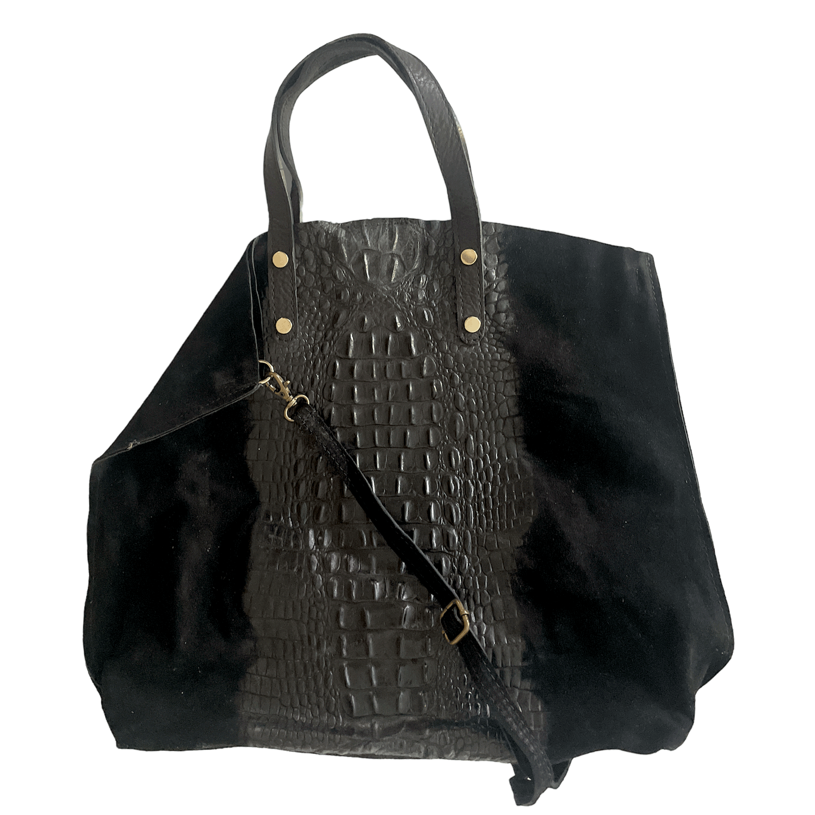 Leder Beutel Tasche Krokooptik Veloursleder Schwarz - AXON