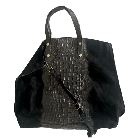 Leder Beutel Tasche Krokooptik Veloursleder Schwarz - AXON