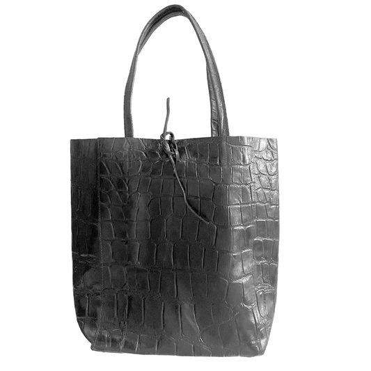 Leder Shopper mit Innentasche Kroko Schwarz - AXON