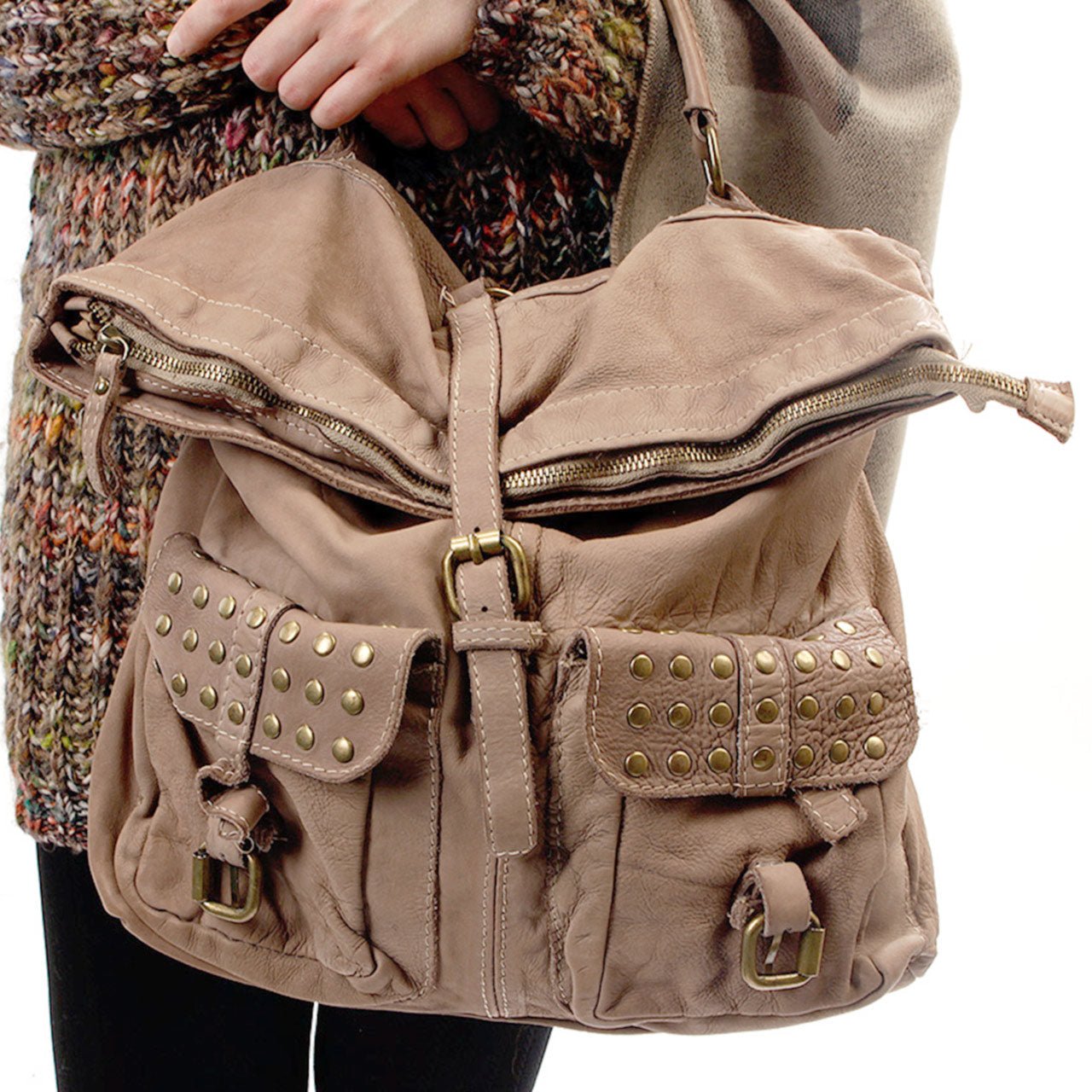 Leder Tasche mit 2 Taschen Nieten Beige - AXON