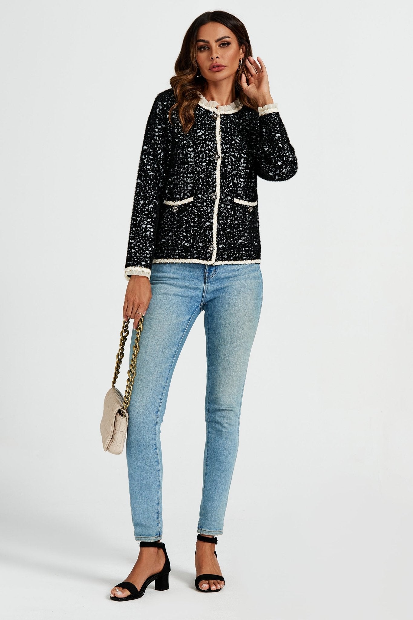 Leopard Pattern Lace Trim Boucle Jacket in Black - AXON