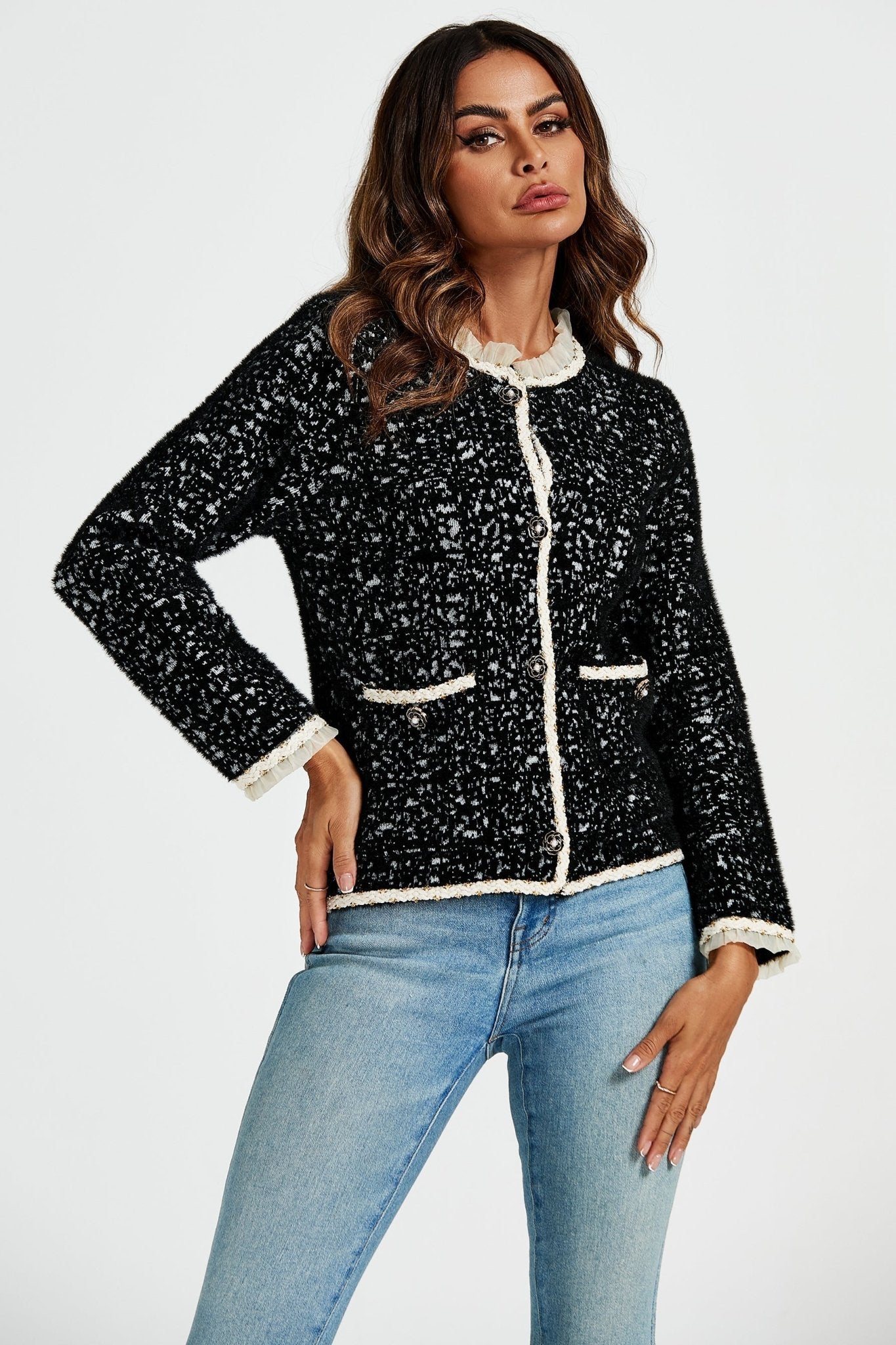 Leopard Pattern Lace Trim Boucle Jacket in Black - AXON