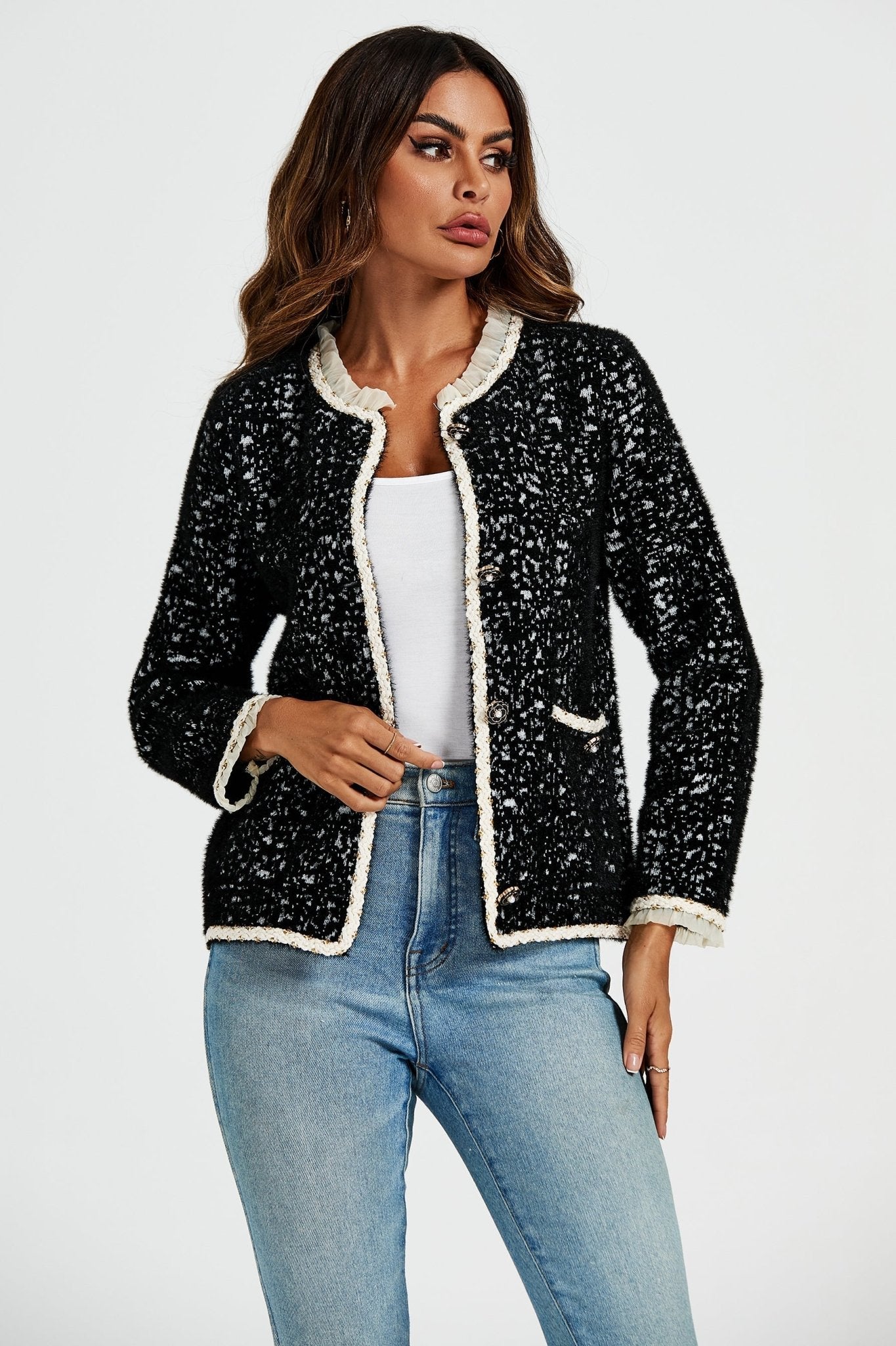 Leopard Pattern Lace Trim Boucle Jacket in Black - AXON
