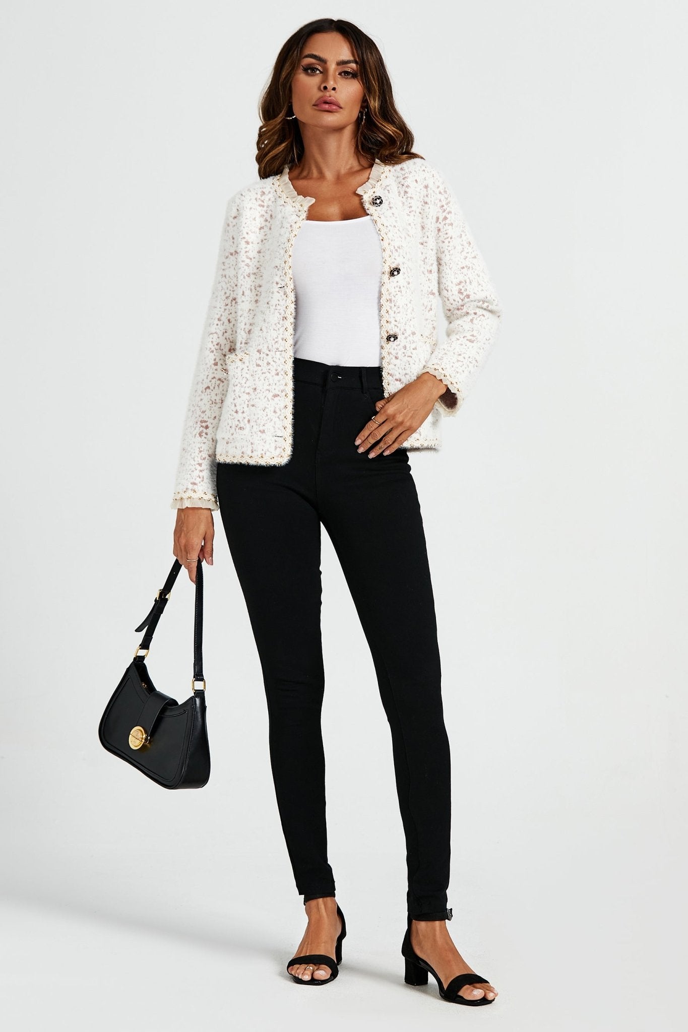 Leopard Pattern Lace Trim Boucle Jacket in Cream - AXON