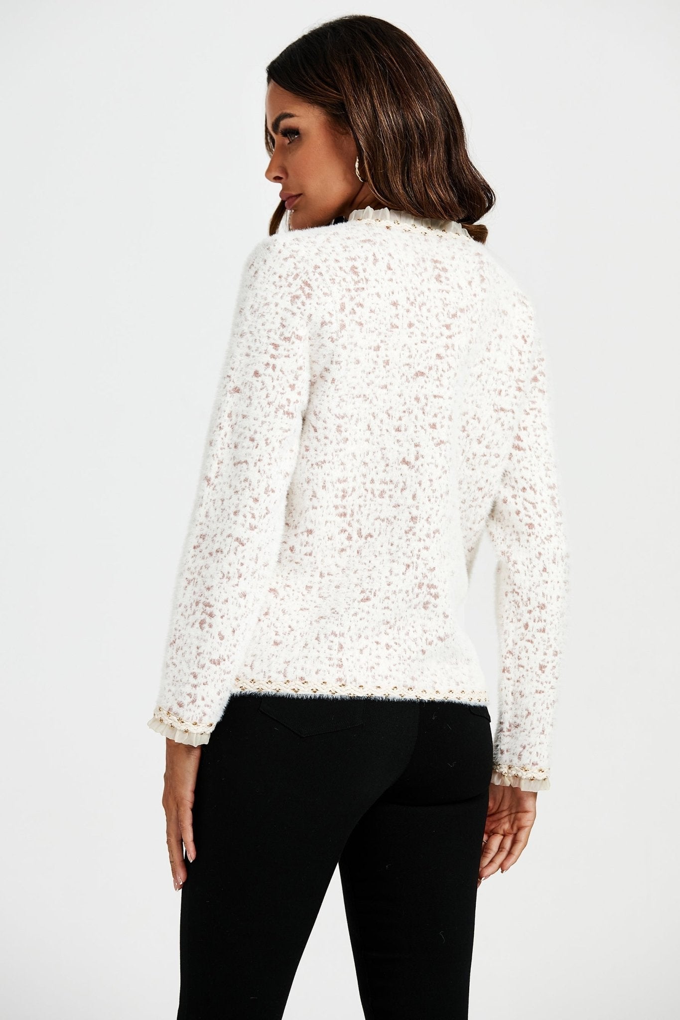 Leopard Pattern Lace Trim Boucle Jacket in Cream - AXON
