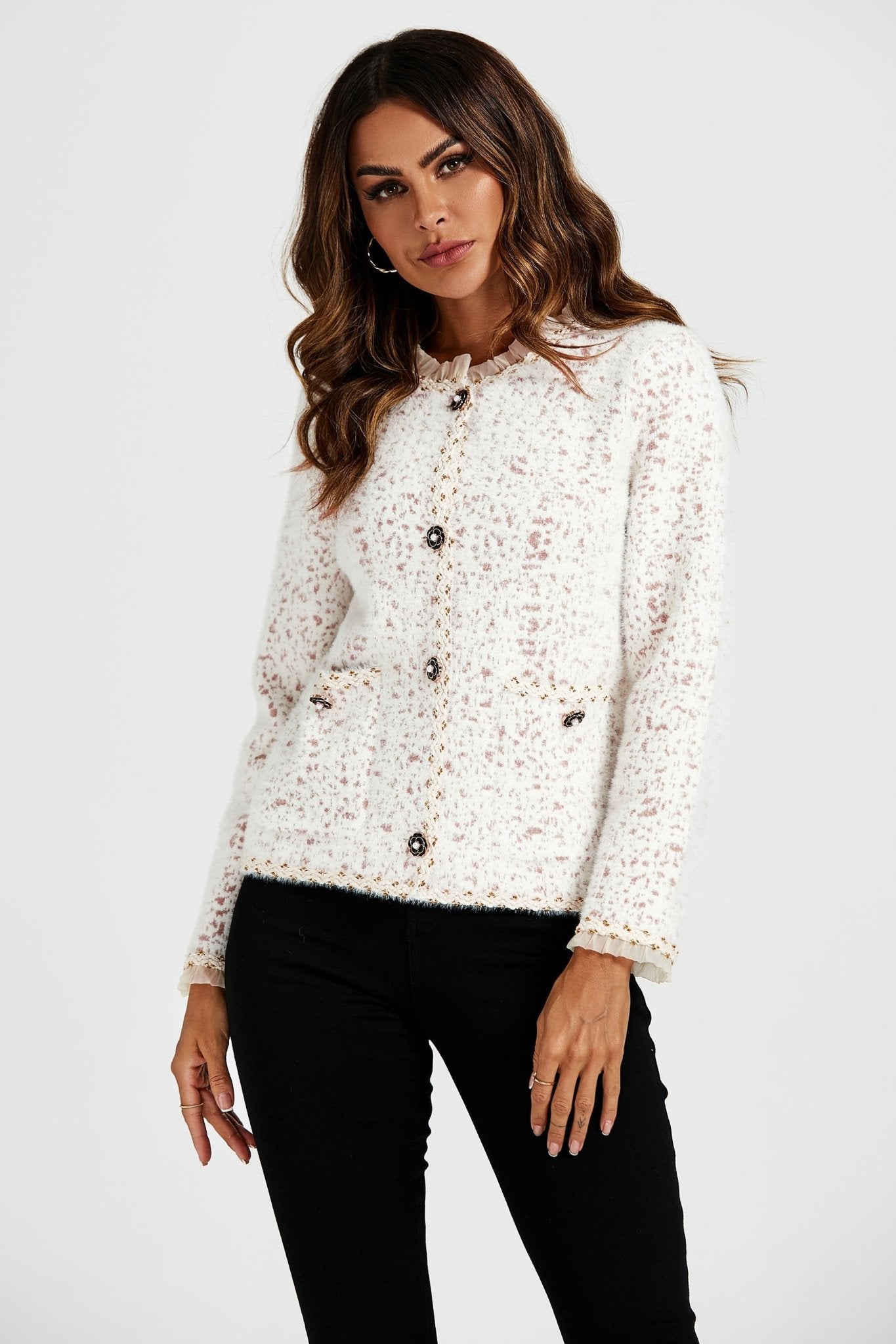 Leopard Pattern Lace Trim Boucle Jacket in Cream - AXON