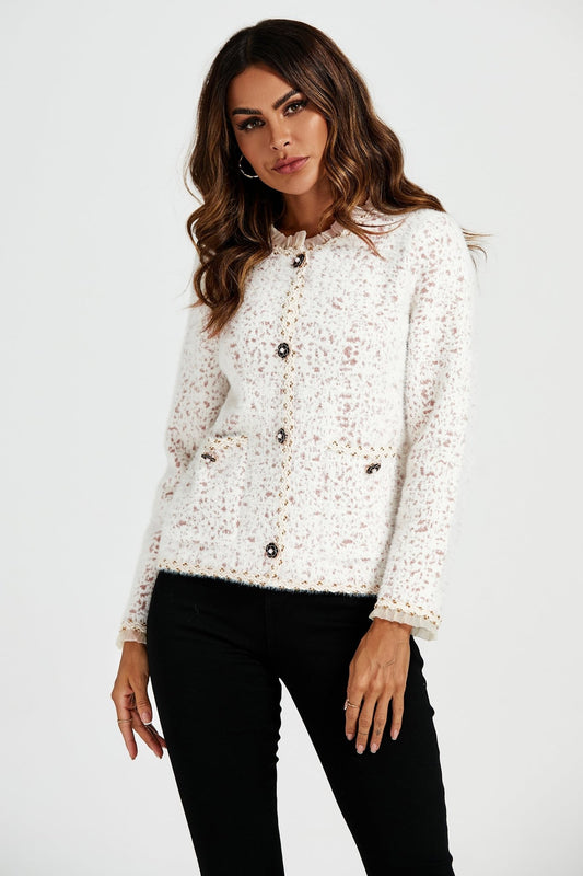 Leopard Pattern Lace Trim Boucle Jacket in Cream - AXON