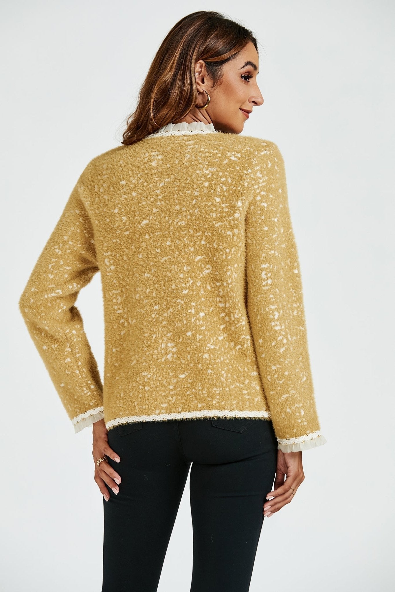 Leopard Pattern Lace Trim Boucle Jacket in Yellow - AXON
