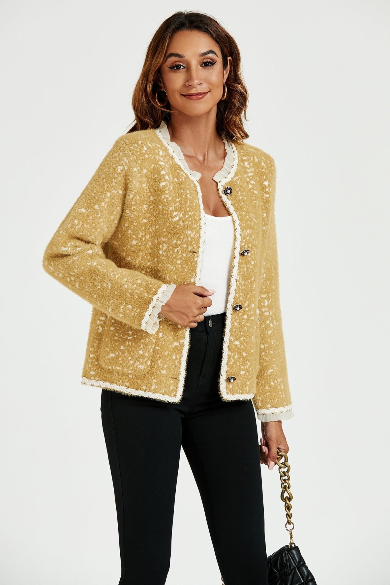 Leopard Pattern Lace Trim Boucle Jacket in Yellow - AXON