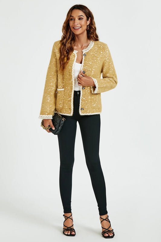 Leopard Pattern Lace Trim Boucle Jacket in Yellow - AXON