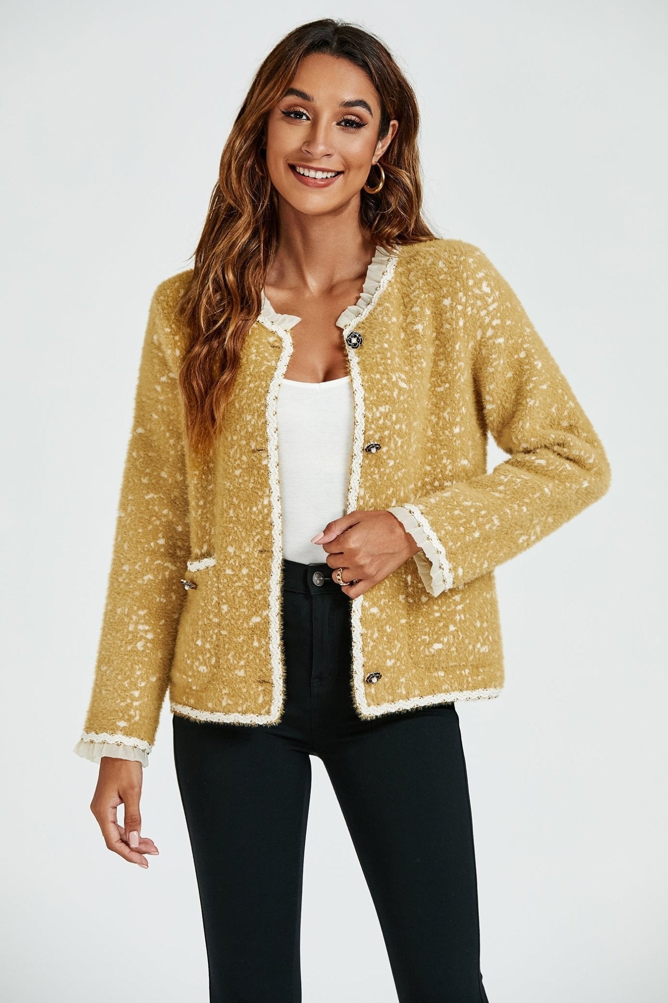 Leopard Pattern Lace Trim Boucle Jacket in Yellow - AXON
