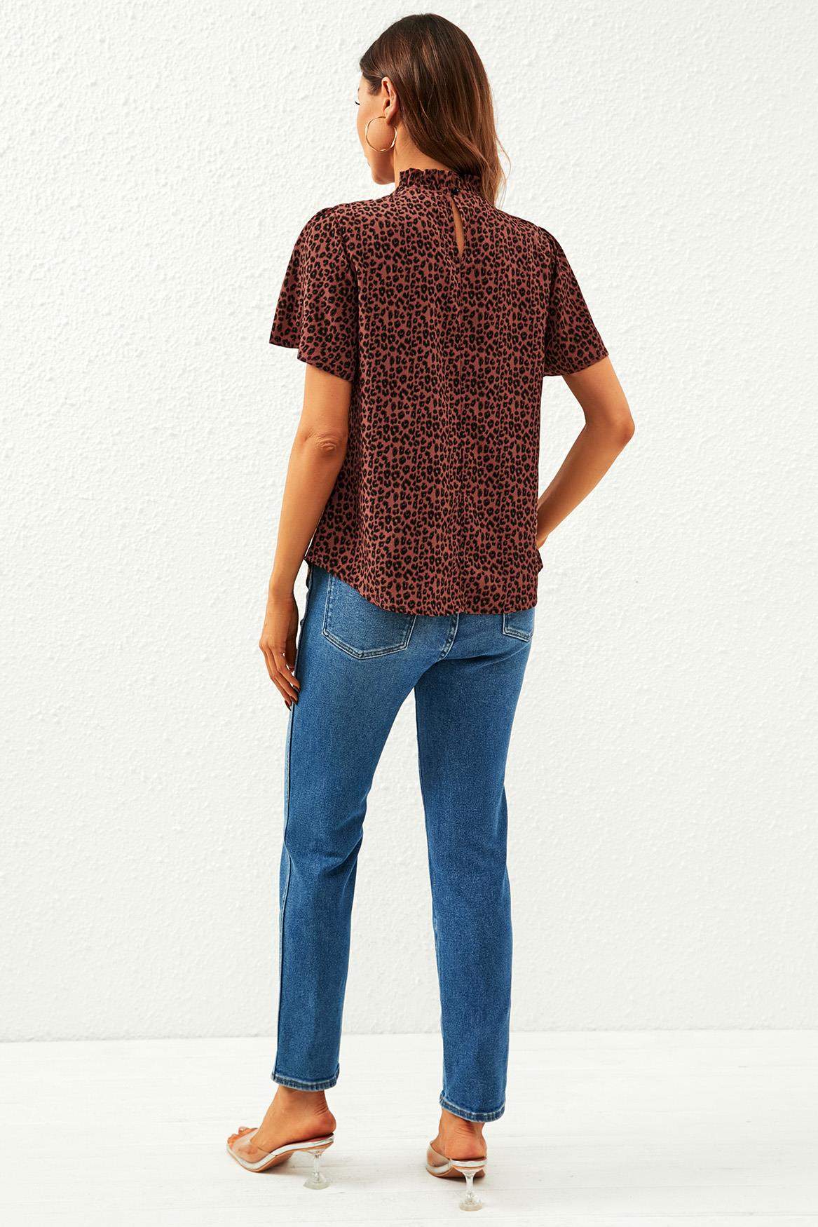 Leopard Print Angel Sleeve High Neck Top/Blouse In Rusty - AXON