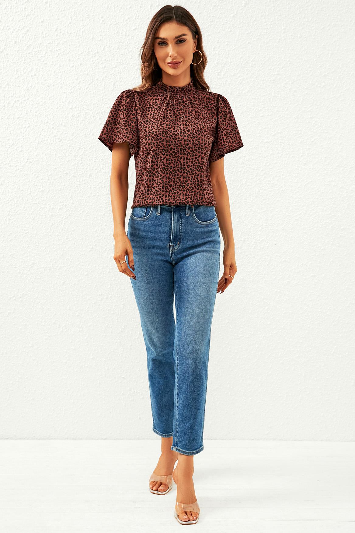 Leopard Print Angel Sleeve High Neck Top/Blouse In Rusty - AXON