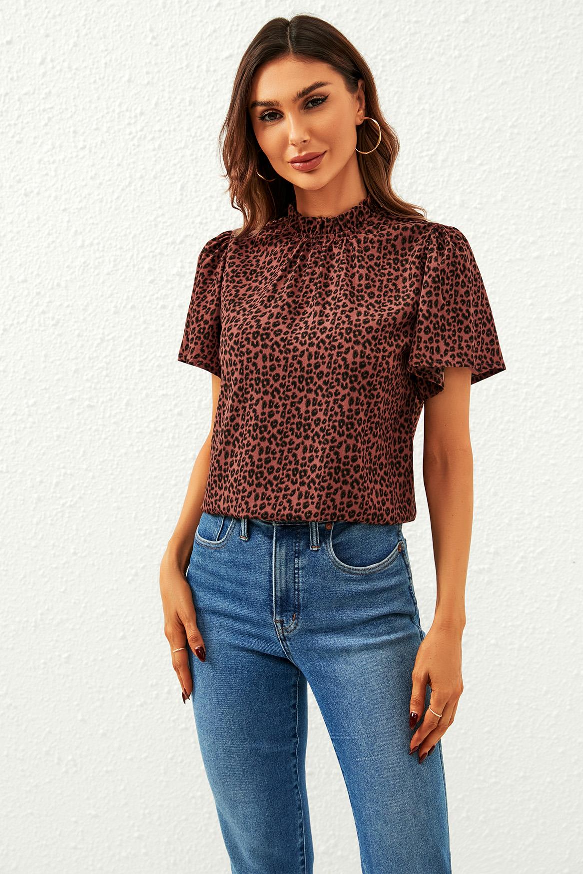 Leopard Print Angel Sleeve High Neck Top/Blouse In Rusty - AXON