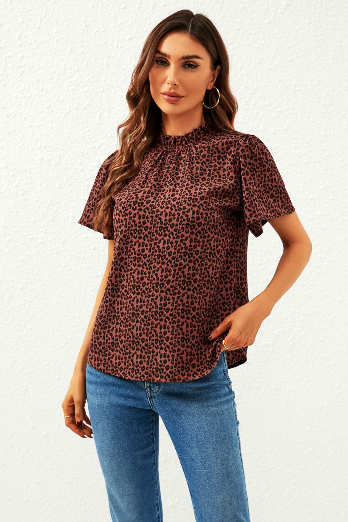 Leopard Print Angel Sleeve High Neck Top/Blouse In Rusty - AXON