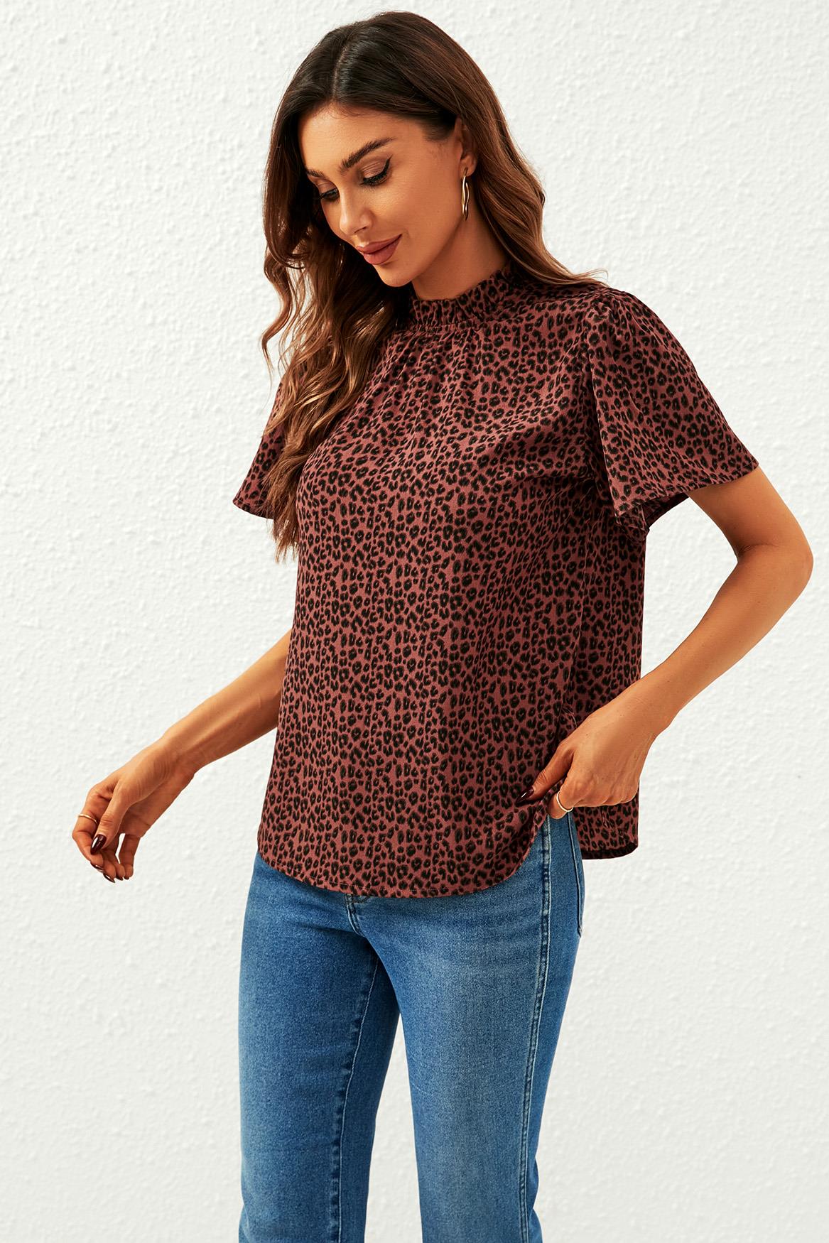 Leopard Print Angel Sleeve High Neck Top/Blouse In Rusty - AXON