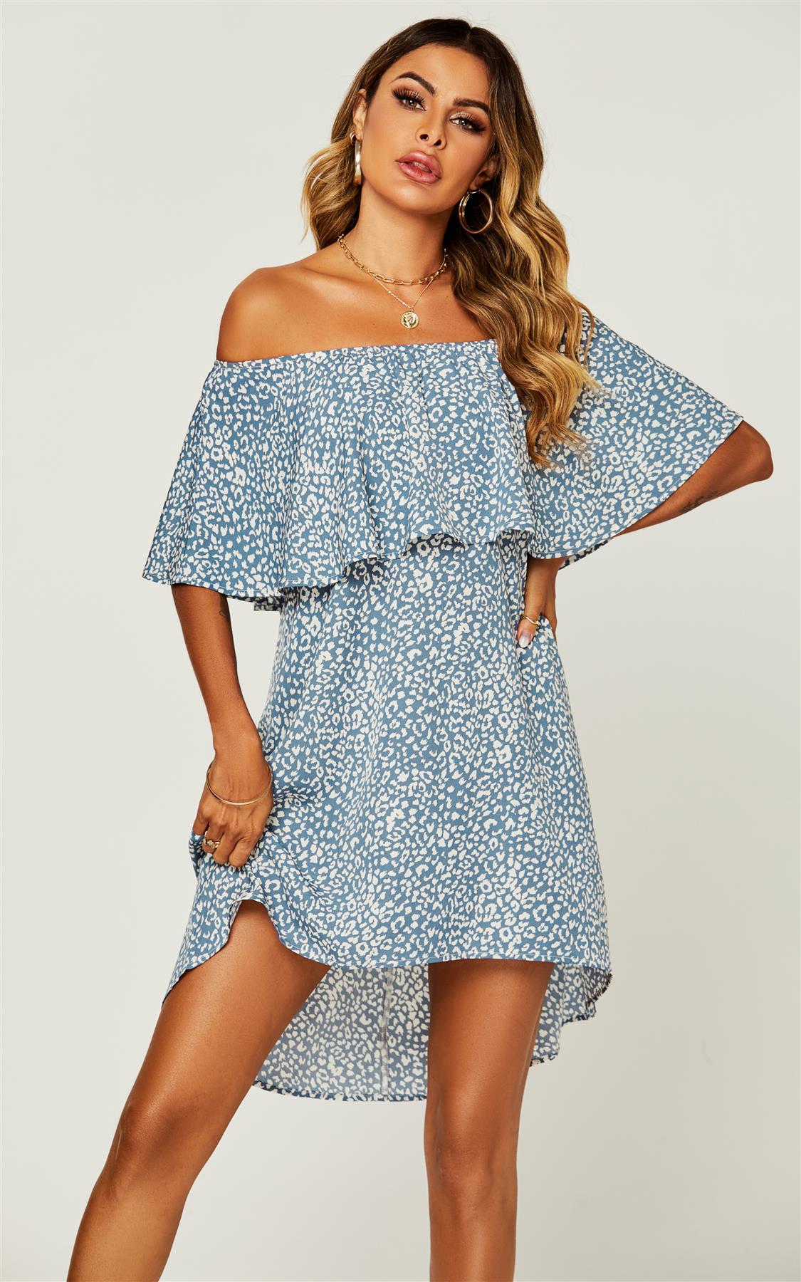 Leopard Print Bardot Frill Off Shoulder Mini Dress In Blue - AXON