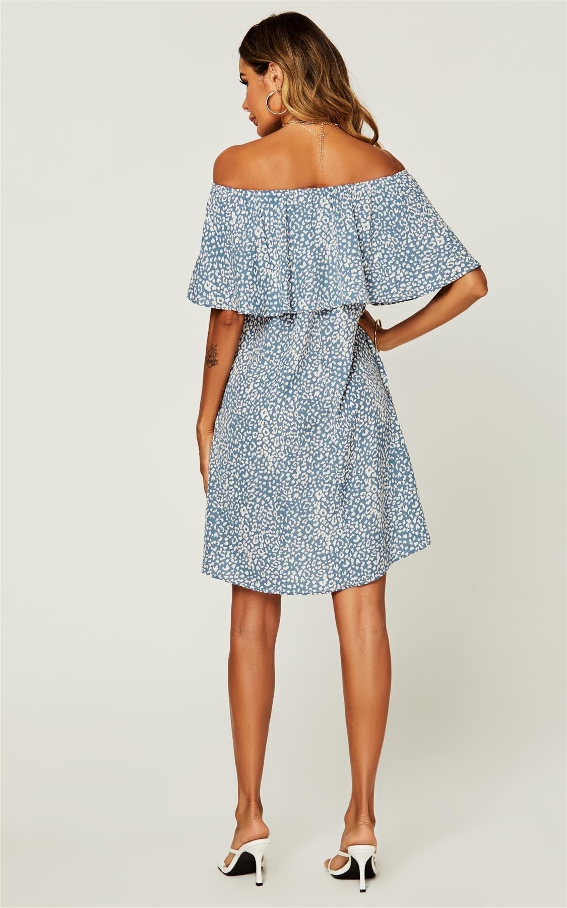 Leopard Print Bardot Frill Off Shoulder Mini Dress In Blue - AXON