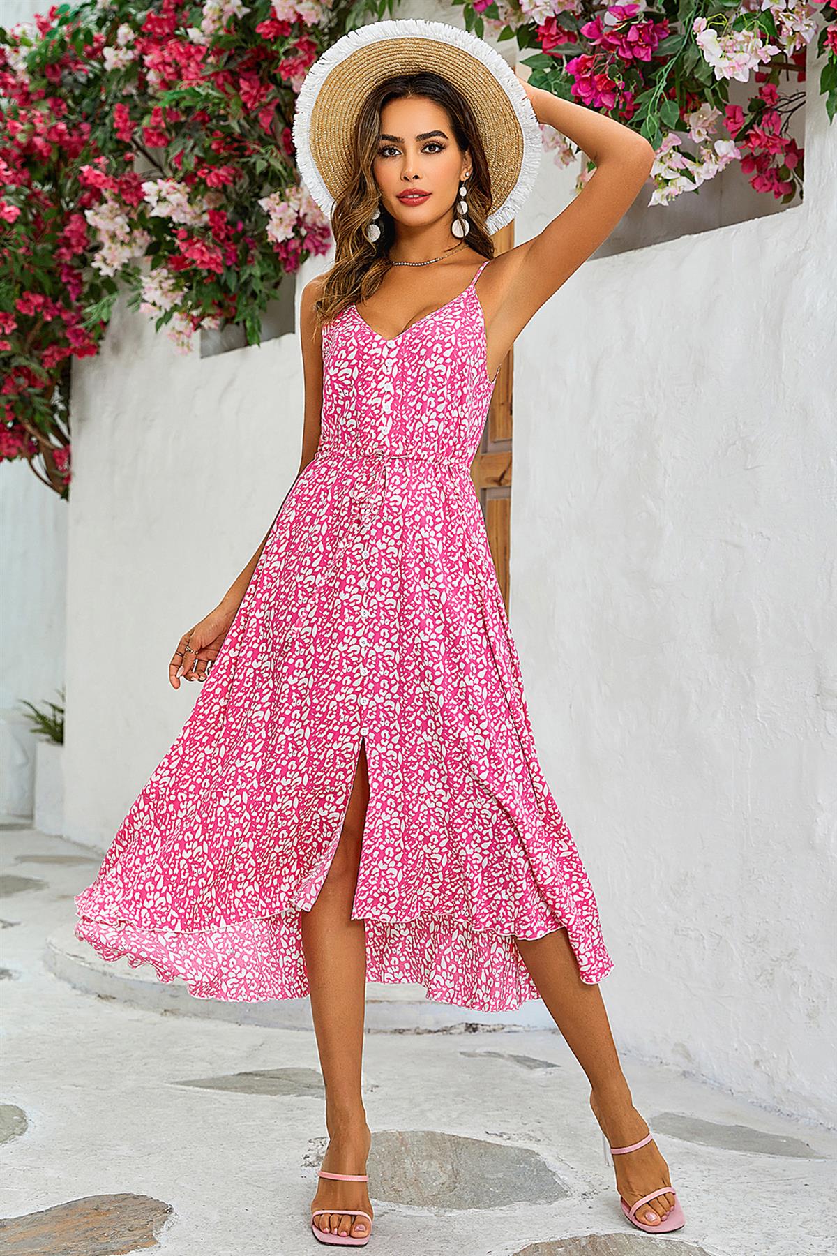 Leopard Print Button Down High Low Strappy Dress In Fuchsia Pink - AXON