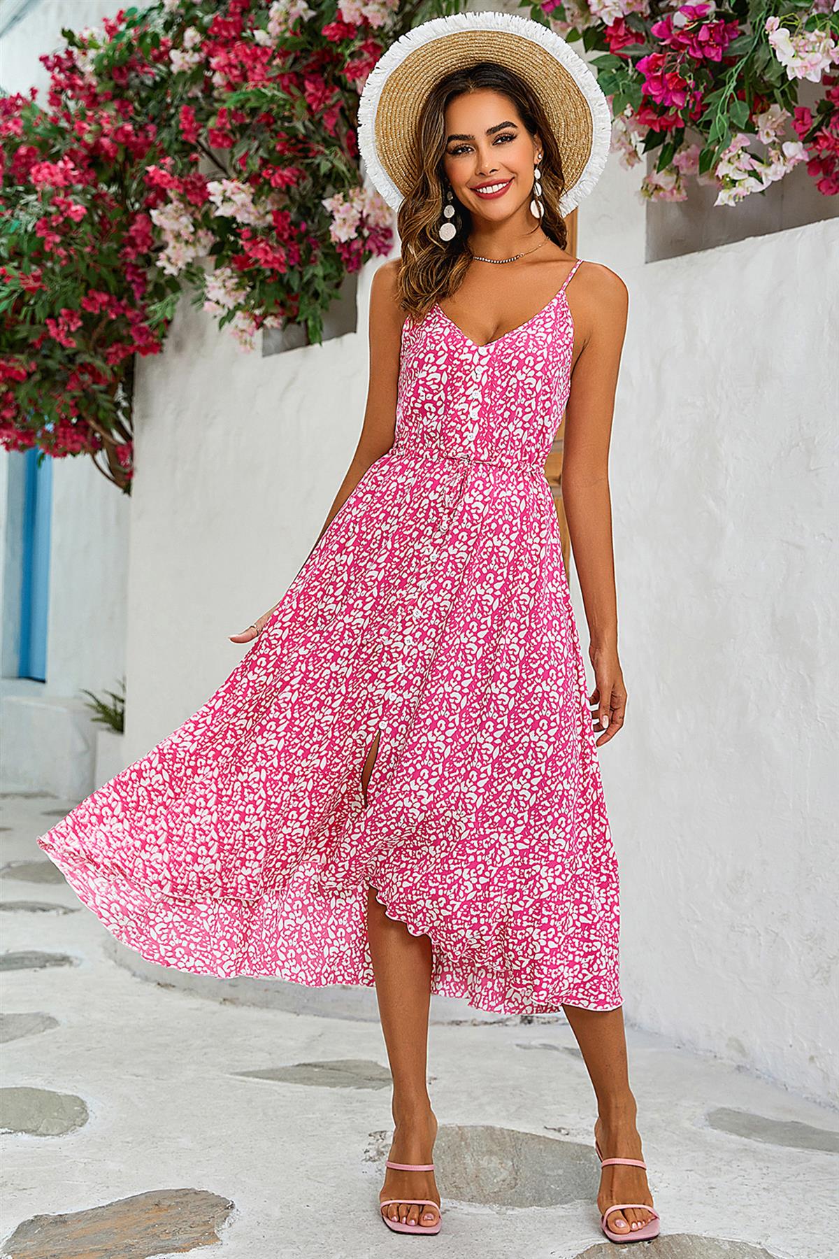 Leopard Print Button Down High Low Strappy Dress In Fuchsia Pink - AXON